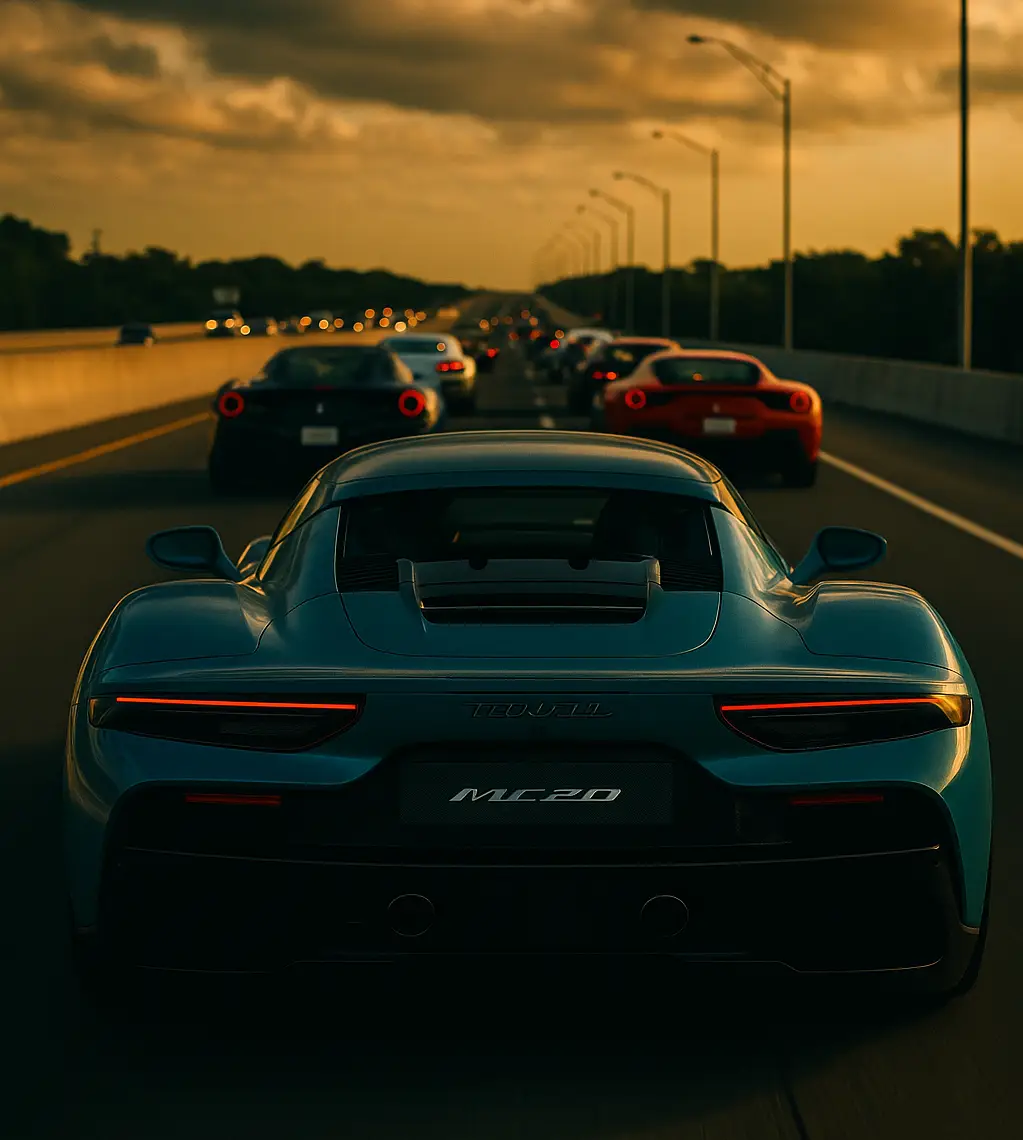 Maserati MC20 driving at sunset during a rally — symbolizing momentum and consistent brand presence